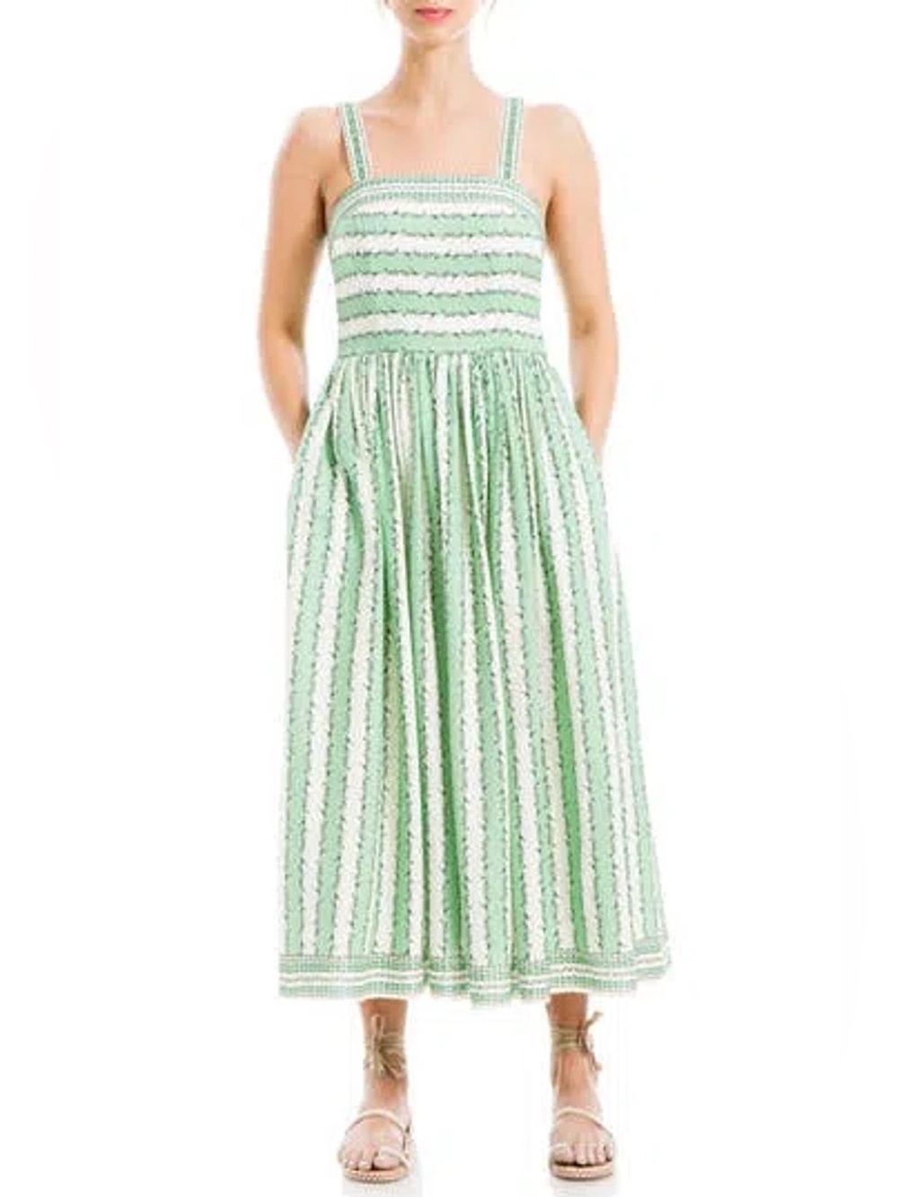 Max Studio Green Vine White Cotton Blend Dress